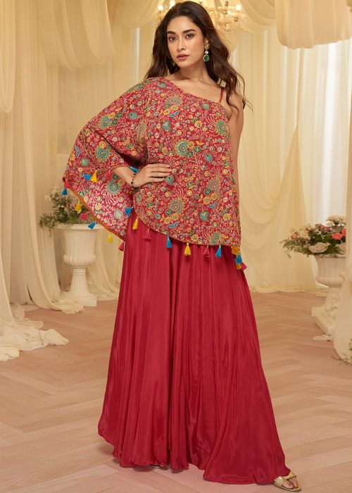 Red Crape One Shoulder Top Bottom With Zari Work