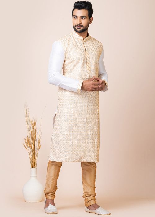White Readymade Art Silk Men Kurta Pajama