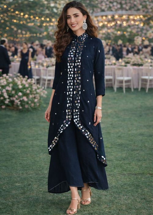 Navy Blue Silk Kurta Set With Mirror Work