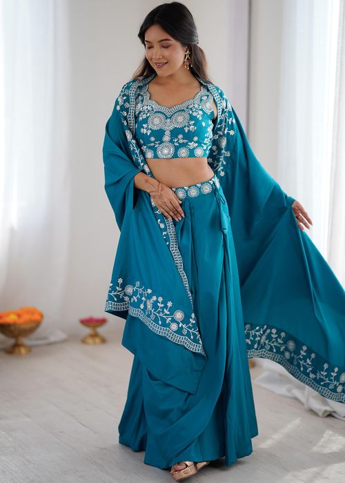 Teal Blue Crape Draped Skirt & Cape Set