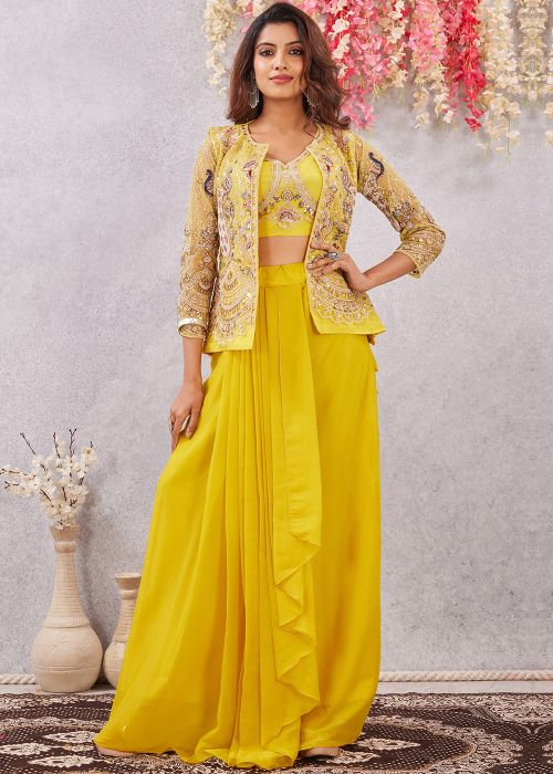 Yellow Draped Skirt Set With Embroidered Jacket