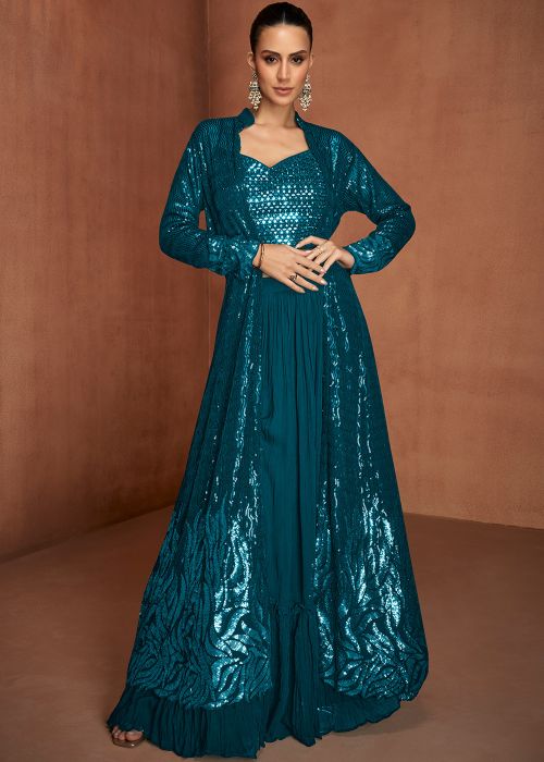 Teal Blue Georgette Top Bottom With Mirror Work