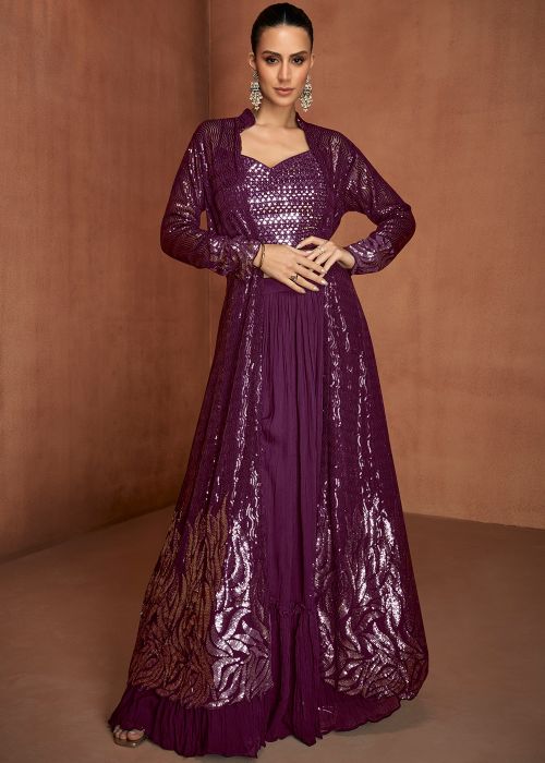 Magenta Georgette Top Bottom Set With Sequins Work