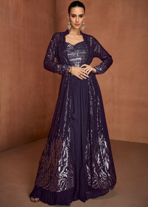 Purple Georgette Top Bottom Set With Mirror Accents