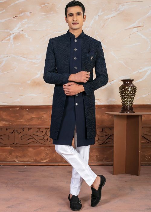 Dark Blue Readymade Art Silk Indowestern Sherwani Set In Print