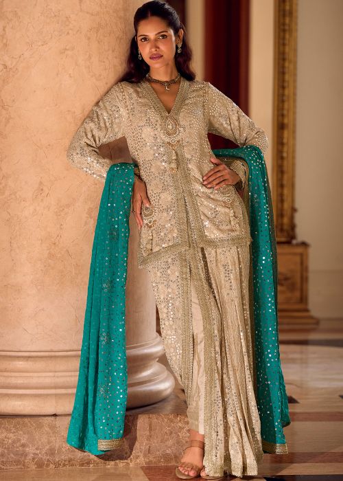 Beige Georgette Indo Western Set With Blue Dupatta