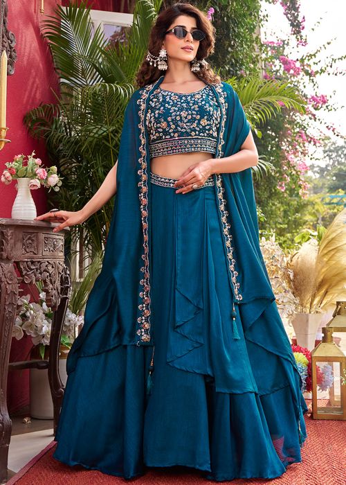 Teal Blue Art Silk Cape Skirt Set With Floral Embroidery