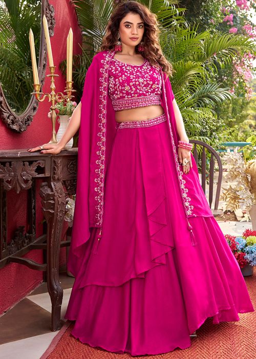 Fuchsia Pink Cape Skirt Set With Bead Embroidery