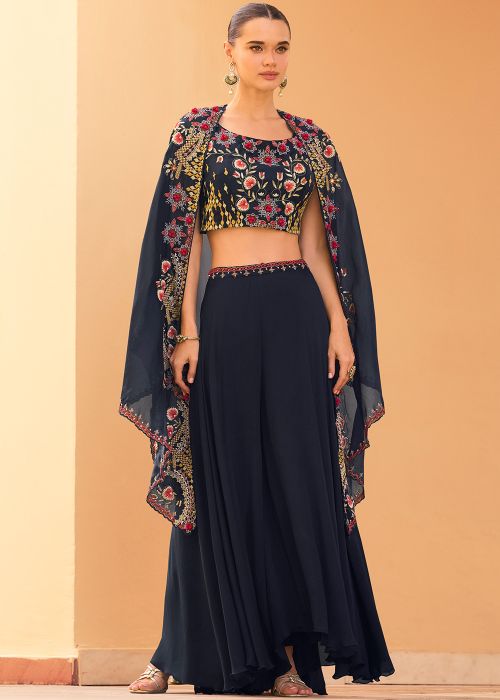 Navy Blue Chiffon Top Bottom Set With Embroidered Cape
