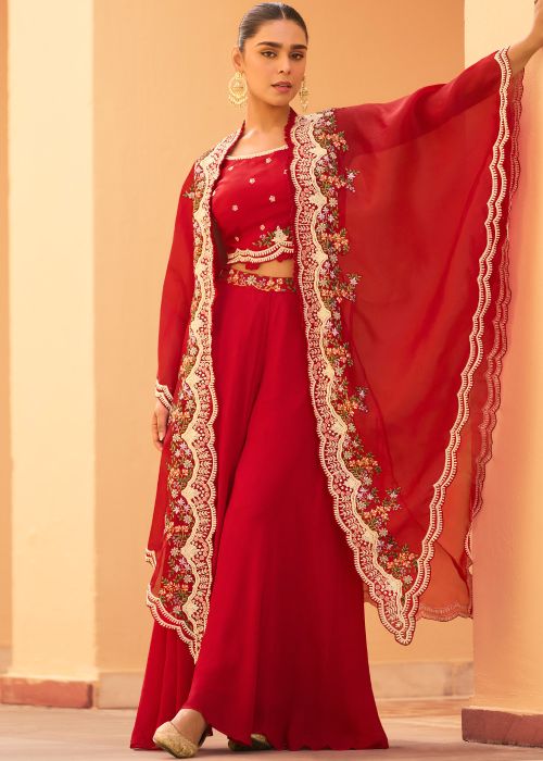 Red Chiffon Palazzo Suit With Scalloped Cape