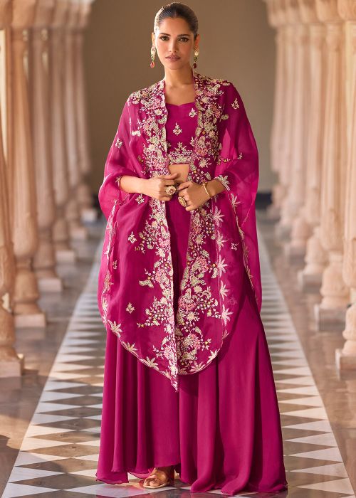 Magenta Chiffon Top Bottom Set With Embroidered Cape