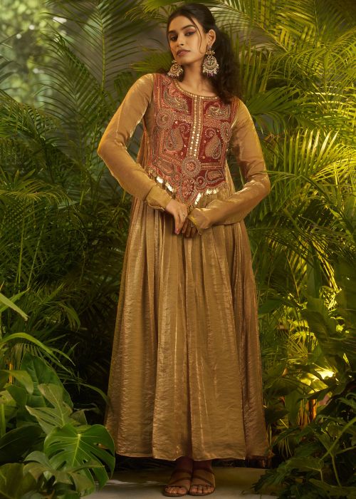 Golden Organza Embroidered Gown With Bead Work