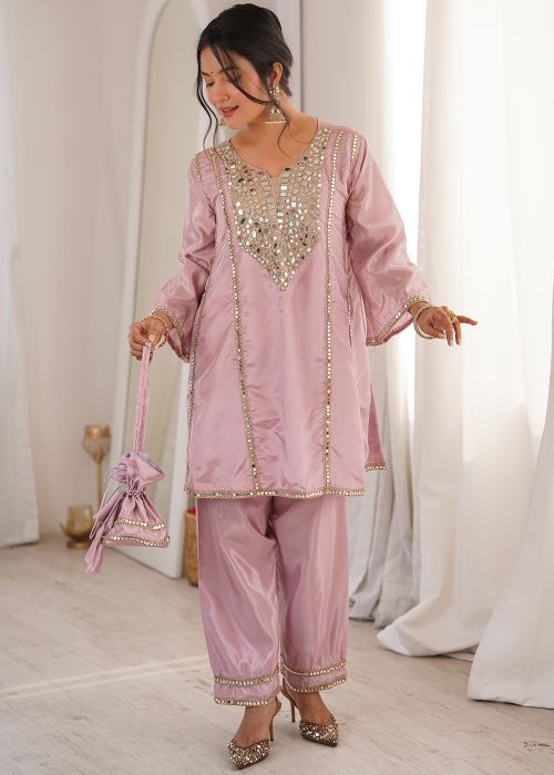 Pink Silk Kurta Set With Mirror Yoke