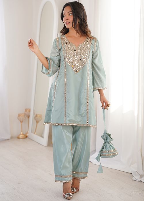 Blue Silk Top Bottom With Mirror Work