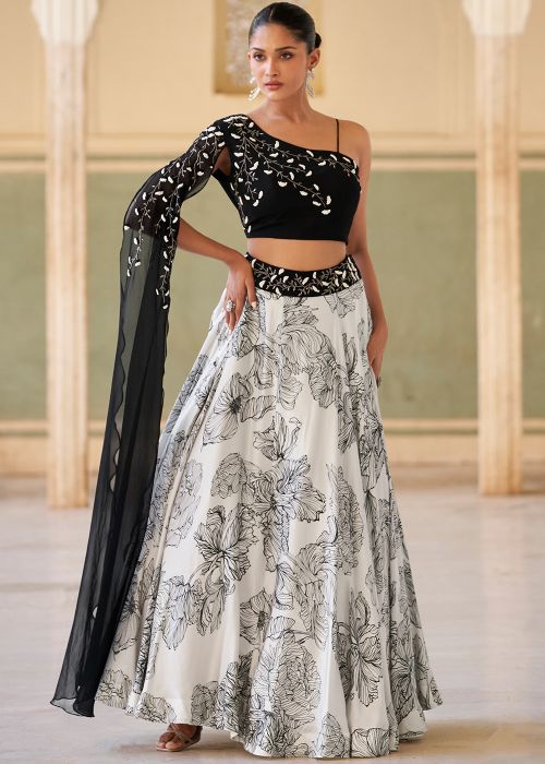 Black Printed Skirt Set With Bead Embroidery