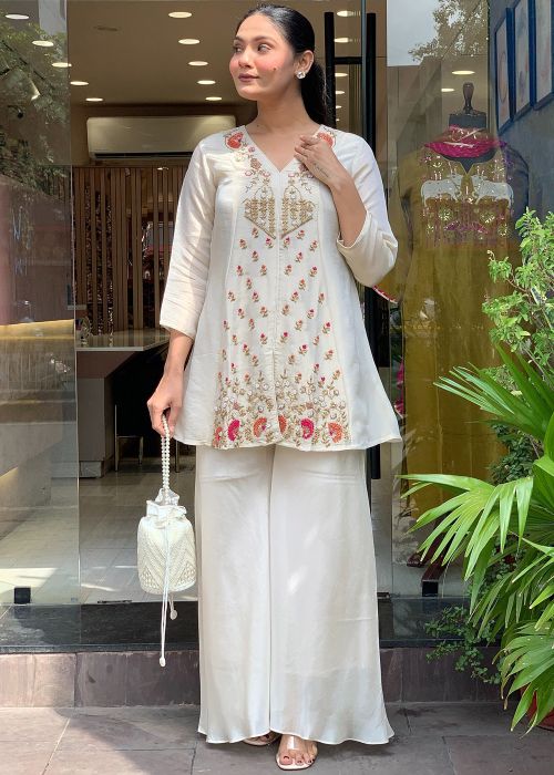 Cream Silk Top Bottom With Zari Embroidery
