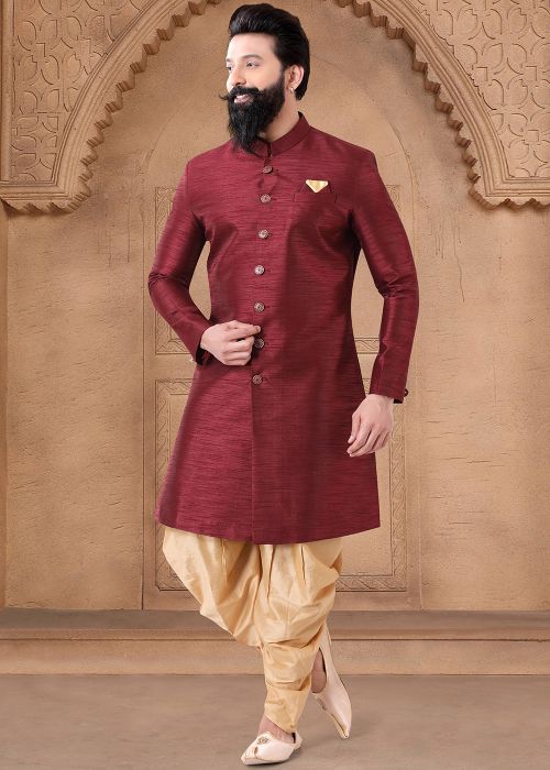 Maroon Readymade Art Silk Indowestern Dhoti Sherwani
