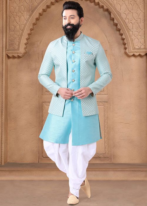 Blue Readymade Art Silk Indowestern Jacket Style Sherwani
