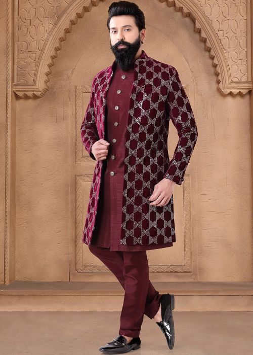 Maroon Readymade Art Silk Jacket Style Indowestern Sherwani