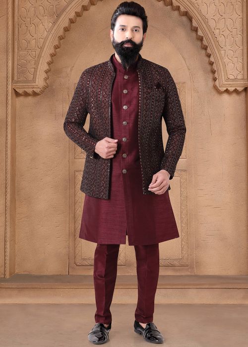 Maroon Readymade Art Silk Indowestern Sherwani With Jacket 