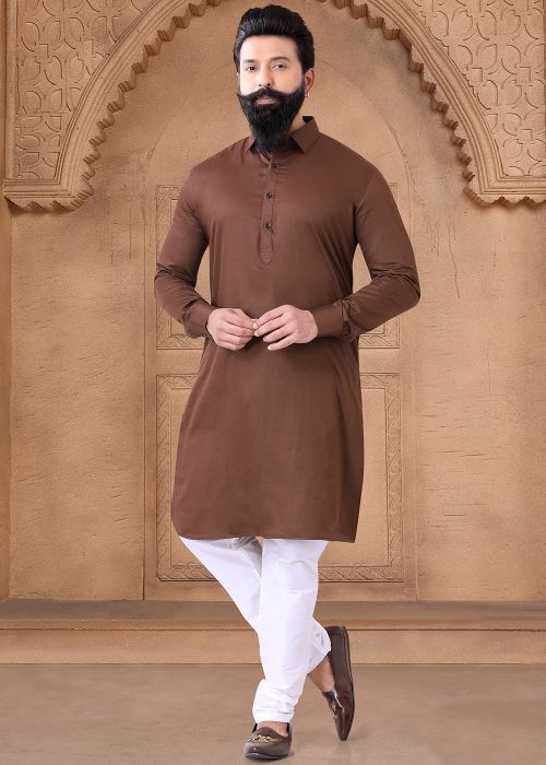 Brown Readymade Plain Men Cotton Kurta Pajama