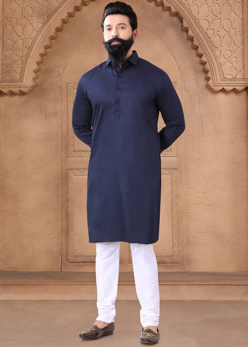 Readymade Plain Men Cotton Kurta Pajama In Blue