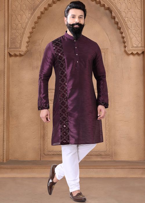 Wine Readymade Embroidered Men Art Silk Kurta Pajama