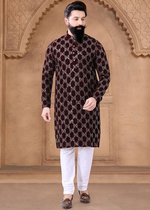Maroon Readymade Men Velvet Kurta Pajama In Embroidery