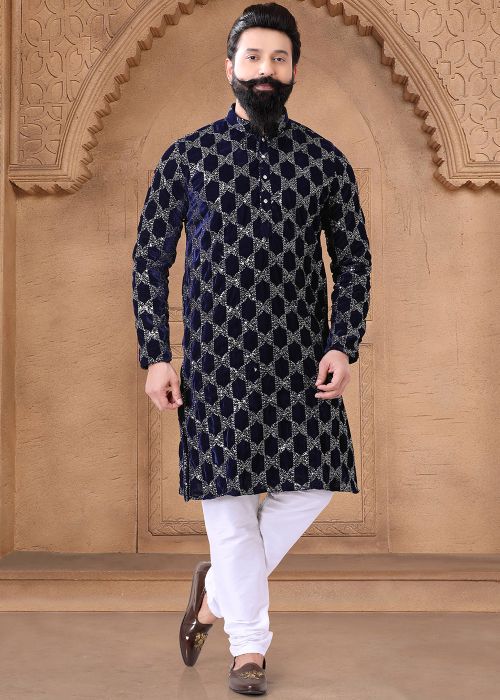 Readymade Men Embroidered Velvet Kurta Pajama In Blue