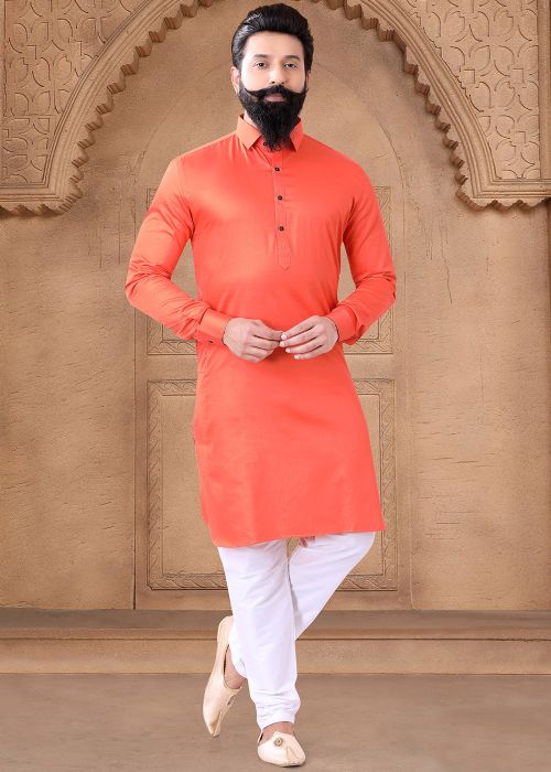 Readymade Plain Men Cotton Kurta Pajama In Orange