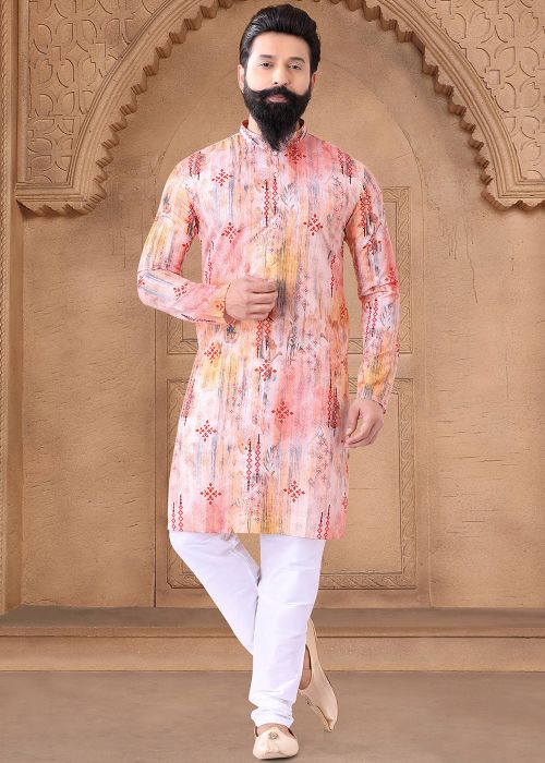 Multicolor Readymade Print Men Cotton Kurta Pajama 