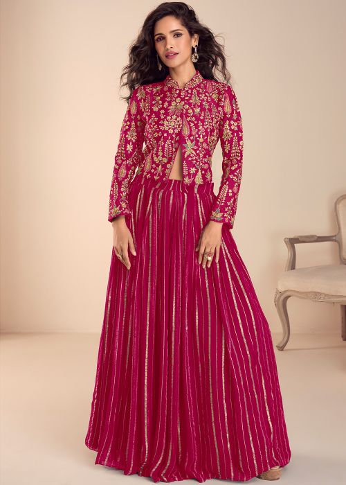 Pink Art Silk Skirt Set With Handwork Jacket