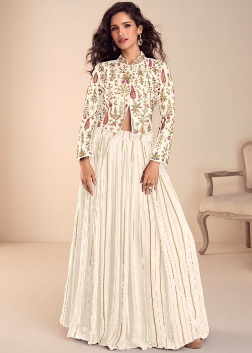 White Art Silk Skirt Set With Embroidered Jacket