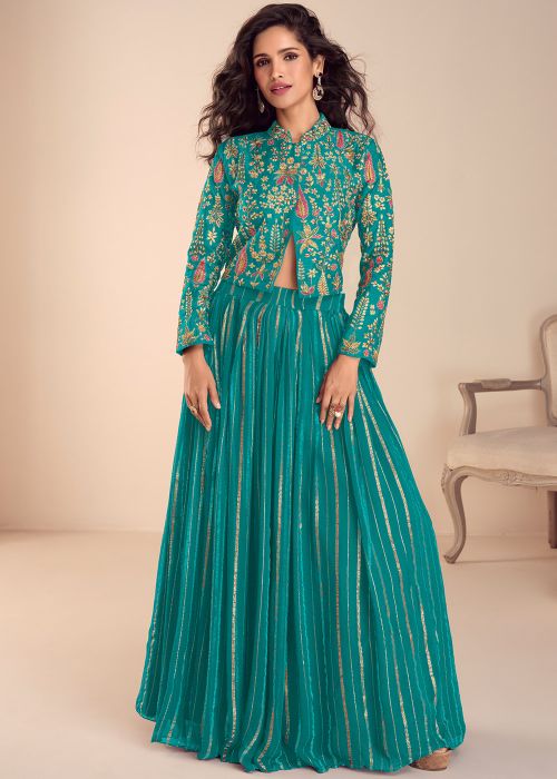 Turquoise Art Silk Skirt Set With Embroidered Jacket
