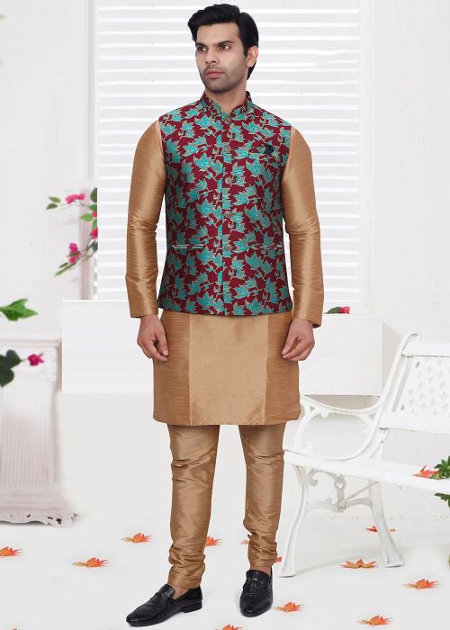 Brown Printed Mens Kurta Pajama
