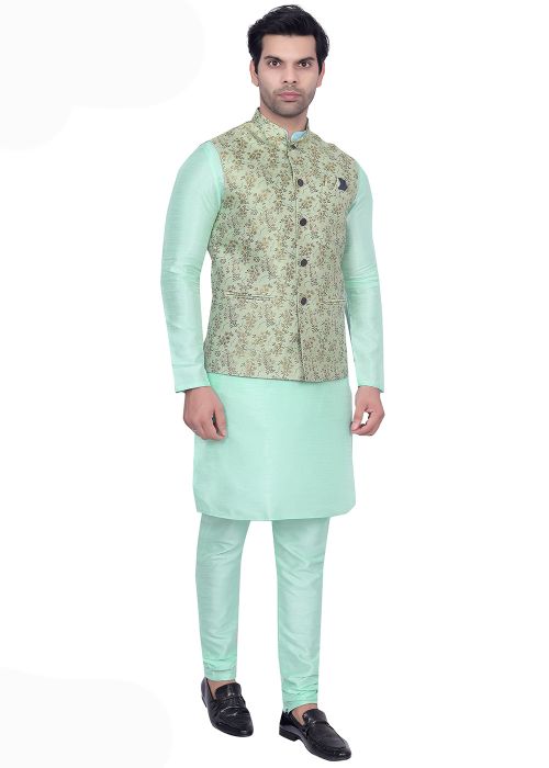 Turquoise Woven Kurta Pajama With Nehru Jacket