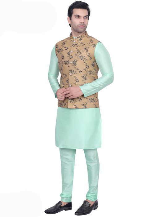 Turquoise Woven Kurta Pajama With Nehru Jacket