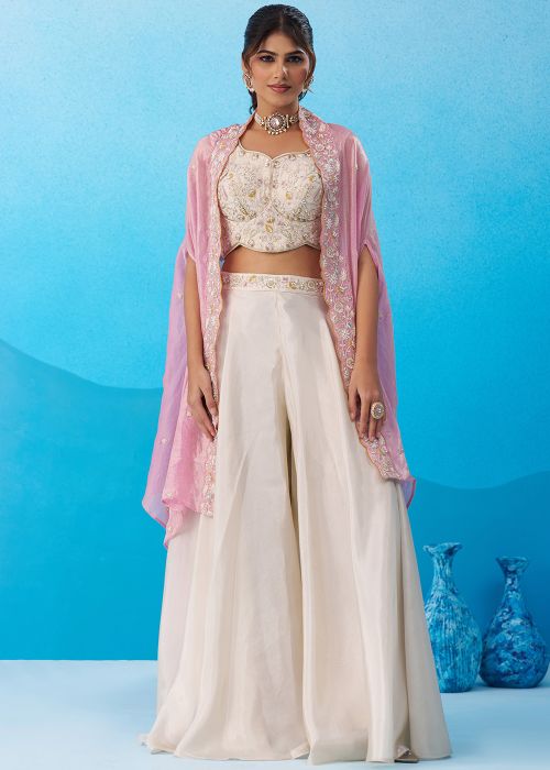 Cream Viscose Co-Ord Set With Pink Cape