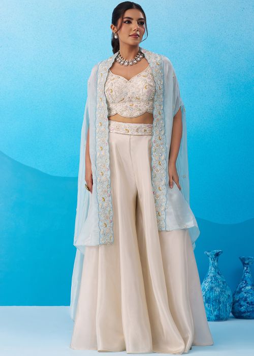 Cream Viscose Top Bottom Set With Sky Blue Cape