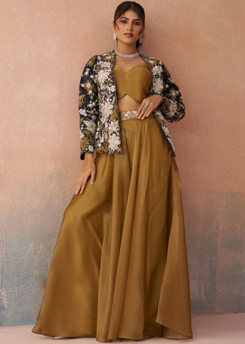 Green Tissue Co-Ord Set With Black Floral Jacket