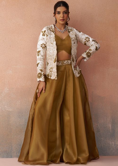 Green Tissue Co-Ord Set With Embroidered Jacket