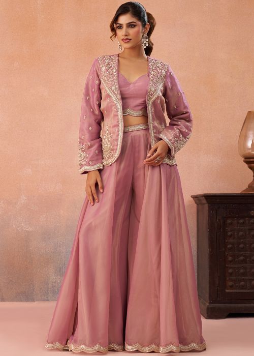 Dusty Pink Tissue Co-Ord Set With Embroidered Jacket
