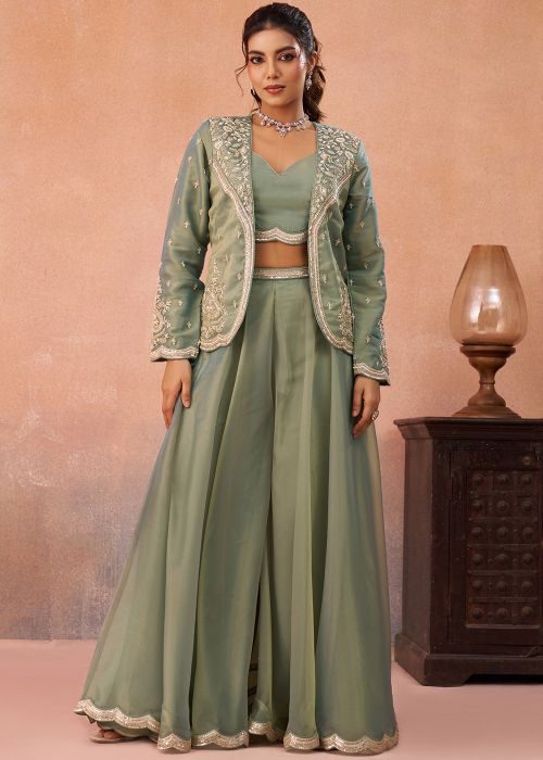 Pista Green Top Bottom Set With Embroidered Jacket