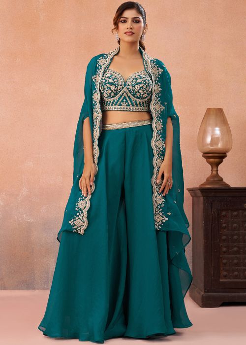Teal Blue Organza Cape Style Set With Thread Work