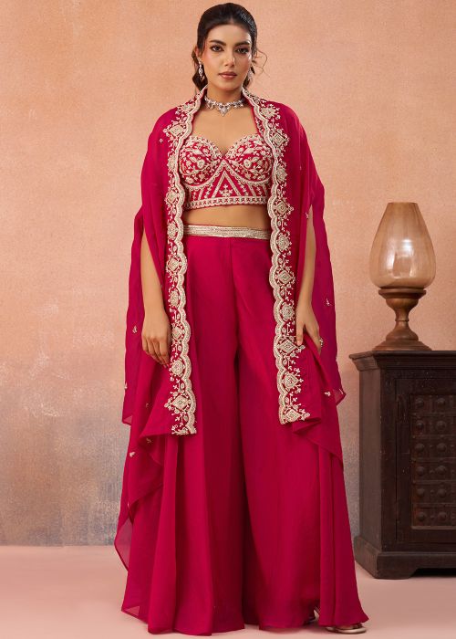 Rani Pink Organza Top Bottom With Thread Work Cape