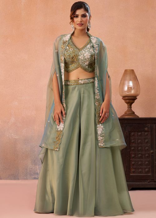 Sage Green Cape Co-Ord Set With Thread Embroidered