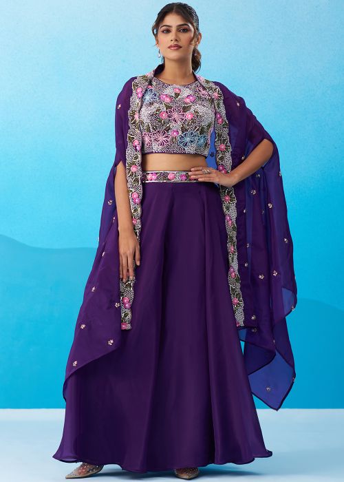 Purple Crape Co-ord Set With Floral Embroidery