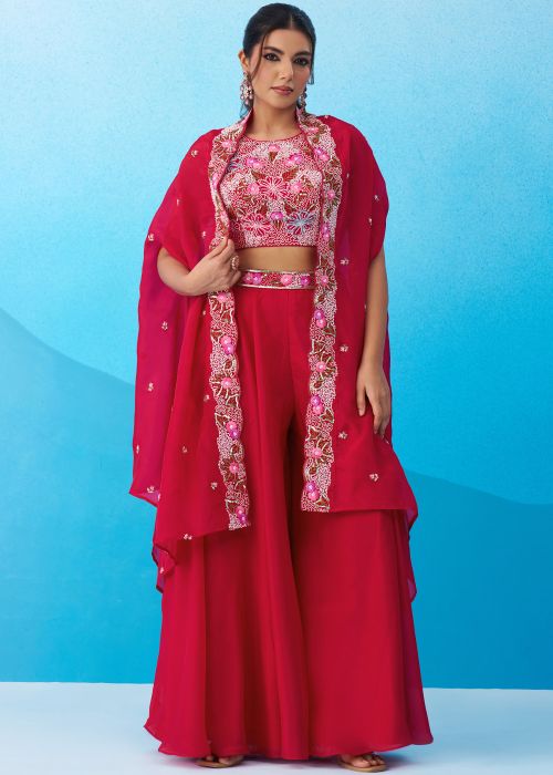 Rani Pink Cape Co-ord Set With Floral Embroidery