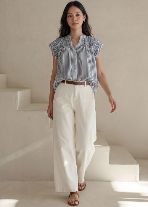 Blue Cotton Cap Sleeve Striped Shirt
