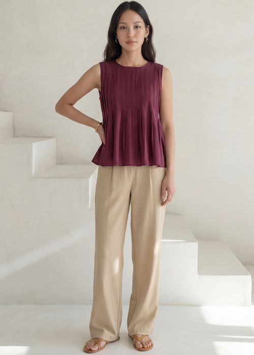 Maroon Pleated A Line Cotton Top